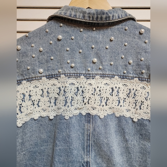 POL Long Sleeve Denim Jacket With Lace And Pearl Detail - Picture 6 of 6
